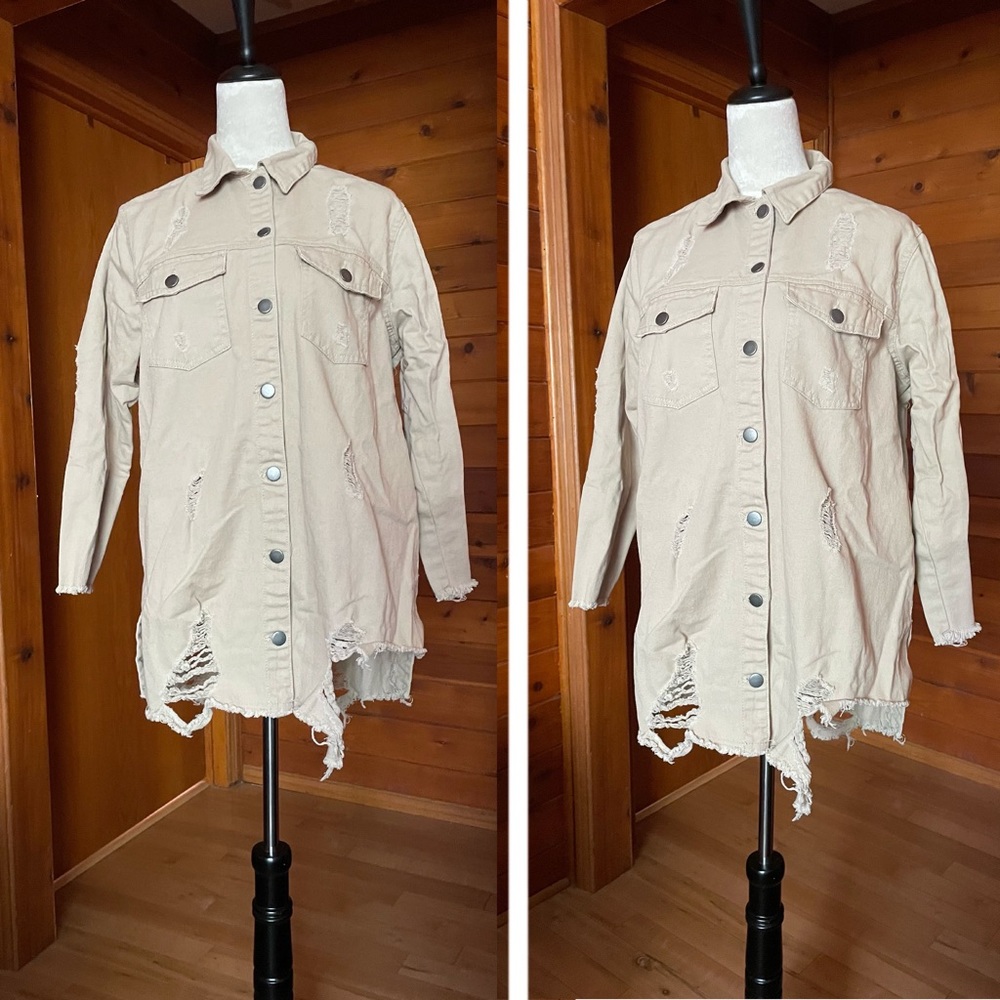 Highway Jeans Distressed Tan Khaki Shirt Jacket Shacket Sz Large